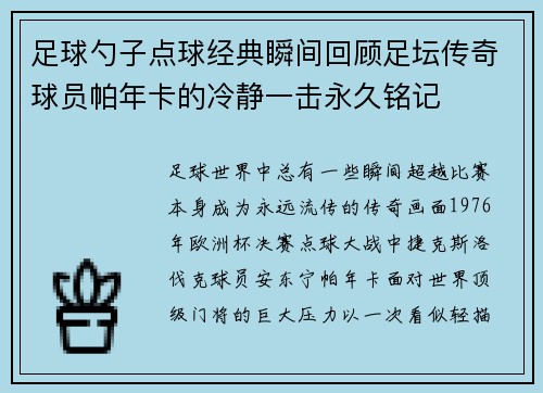 足球勺子点球经典瞬间回顾足坛传奇球员帕年卡的冷静一击永久铭记